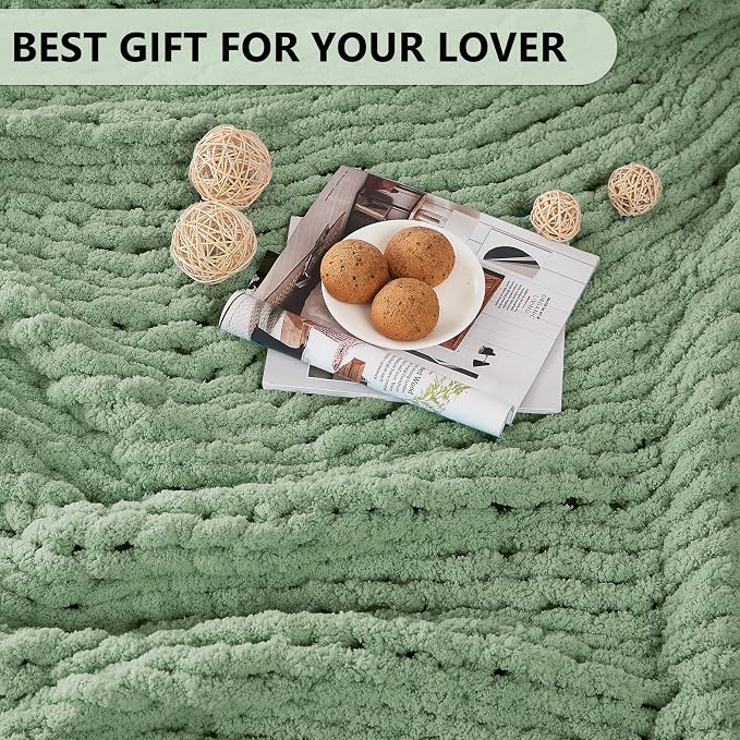 L'AGRATY Chunky Knit Blanket Throw: 80''x90'' Chenille Chunky Knitted Throw Blankets for Bed Couch - Handmade Thick Big Cable Knit Blanket - Large Crochet Blankets for Home Decor(Sage Green)