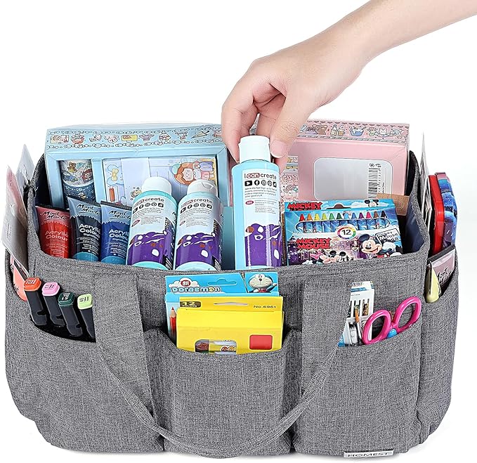 HOMEST Craft Organizer Tote Bag with Multiple Pockets, Storage Art Caddy for Scrapbooking, Crafts Supply Carrier for Tool, Gray