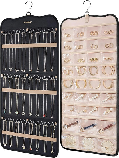 BAGSMART Hanging Jewelry Organizer Storage with Hanger Metal Hooks Double-Sided Jewelry Holder for Earrings, Necklaces, Rings on Closet, Wall, Door, 1 piece Large Black