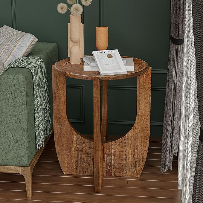 COZAYH Rustic Farmhouse End Table, French Country Accent Side Table for Family, Dinning or Living Room, Small Spaces, Modern, Round, Brown End Table