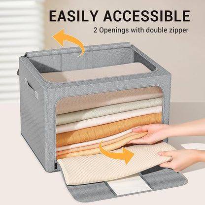 Clothes Storage Bins with Metal Frame, Foldable Clothes Organizers Storage Containers for Clothes, Sheets, Blankets, Pillows and Towels (24L, 3 Pack, Deep Grey)