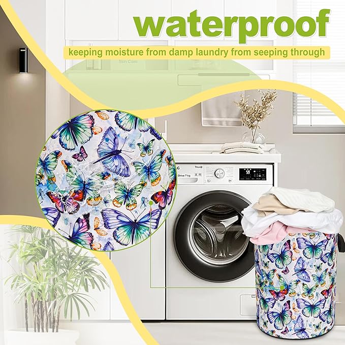 Colorful Butterfly Laundry Basket Funny Foldable Waterproof Oxford Cloth Tote Bag Laundry Hamper Round Large Clothes Storage Bucket Toy Organizer For Bathroom/Laundry Storage/Bedroom 18.9x16.5 Inch