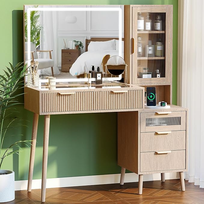 Fluted Vanity Desk with Mirror and Lights, Glass Top Makeup Vanity with 5 Drawers and Glass Door Cabinet,9-Grid Organizer, Charging Station, Lighting Adjustable Dressing Table, Natural Oak