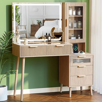Fluted Vanity Desk with Mirror and Lights, Glass Top Makeup Vanity with 5 Drawers and Glass Door Cabinet,9-Grid Organizer, Charging Station, Lighting Adjustable Dressing Table, Natural Oak