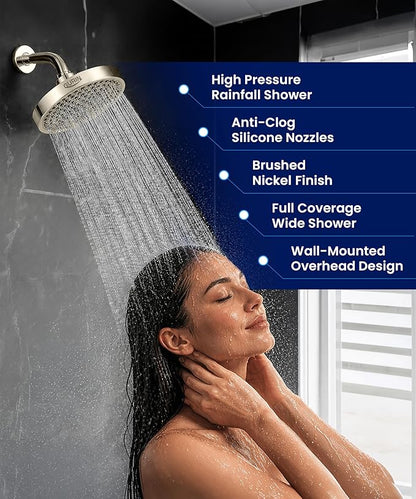 GURIN Shower Head - Powerful High Pressure Rain Shower Head 6 Inch - Luxury Rainfall Showerhead with Adjustable Angles, 90 Anti-Clog Nozzles, Tool-Free 1-Min Install, Premium Brushed Nickel Finish