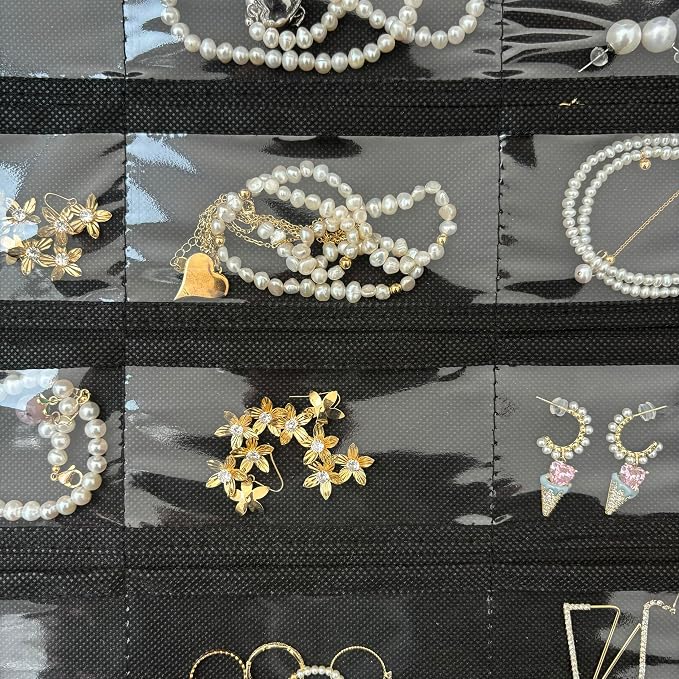 1 Pack Hanging Jewelry Organizer 80-Pocket Dual-sided Jewelry Storage for Earring Necklace Bracelet Ring Travel Holder, Black and Beige