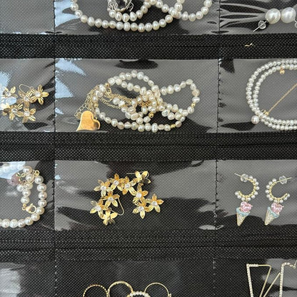 1 Pack Hanging Jewelry Organizer 80-Pocket Dual-sided Jewelry Storage for Earring Necklace Bracelet Ring Travel Holder, Black and Beige