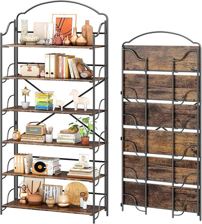 4NM No Assembly Extra Wide Folding Bookshelf for Living Room, 6 Tiers Collapsible Book Shelves Open Industrial Foldable Bookcase Storage Shelf for Home Office - Rustic Brown Black