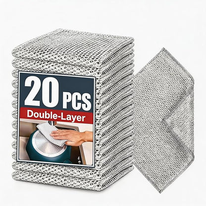 Double-Layer Steel Wire Cleaning Cloth - Non-Scratch Wire Dishcloth Rag Heavy Duty Scrub Pads Multi-Purpose Silver Mesh Scouring Pads for Dishes, Pots, Pans (20PCS)
