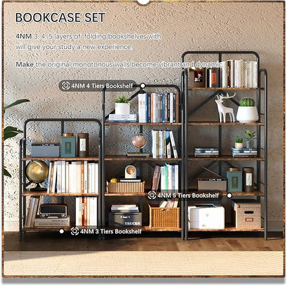 4NM No Assembly Folding Bookshelf, 5 Tiers Collapsible Book Shelves Open Industrial Foldable Storage Bookcase Shelf for Bedroom, Living Room, Home Office - Rustic Brown and Black