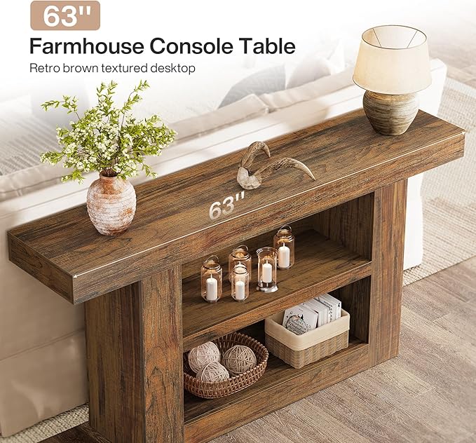 Tribesigns 63-Inch Console Table with Storage, 3-Tier Farmhouse Entryway Table with U-Shaped Base, Wooden Sofa Table Behind The Couch for Entrance, Hallway, Living Room Foyer, Brown