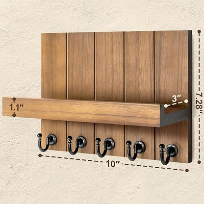 Rebee Vision Decorative Key Holder Wall Mount - Rustic Key Holder for Wall with Shelf and Mail Organizer for Living Room Decor - Home Essentials for Home Improvement (Brown, 3.54" x 10" x 7.28")