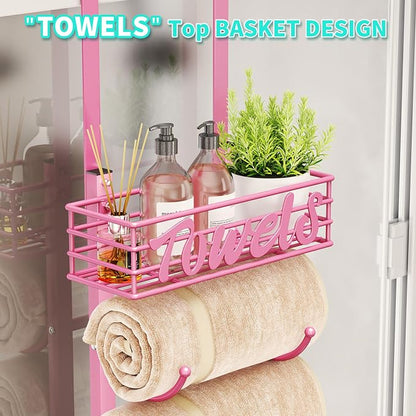 HapiRm Towel Racks for Bathroom Storage - 9 Tier Over The Door & Wall Mount Rolled Towel Storage Organizer Holder with Metal Shelf Basket for Small Bathroom, Camper, Rv - Pink, Patented