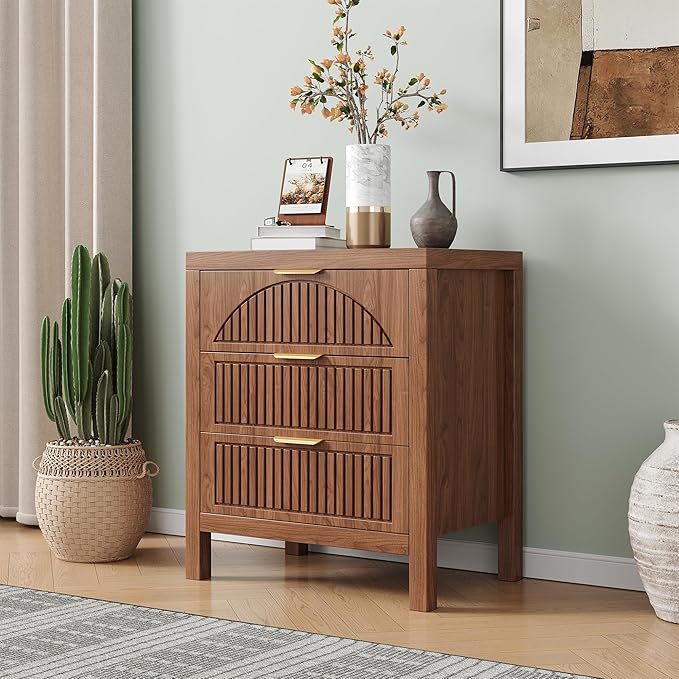 3 Drawer Dresser, Farmhouse Fluted Chest of Drawers, Wooden End Table, Mid- Century Modern Bedroom Nightstand Side Table for Bedrooms, Closets, Hallways, and Entryways, Walnut