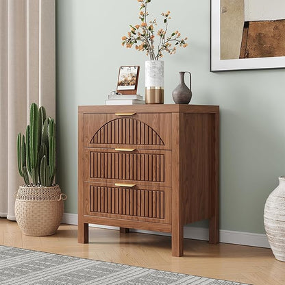 3 Drawer Dresser, Farmhouse Fluted Chest of Drawers, Wooden End Table, Mid- Century Modern Bedroom Nightstand Side Table for Bedrooms, Closets, Hallways, and Entryways, Walnut