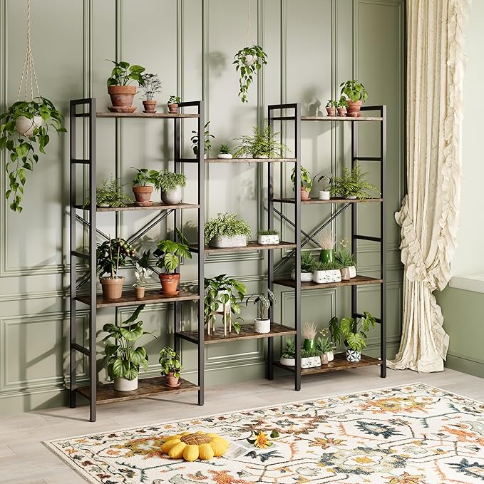 GRUSIGN Triple 4 Tier Book Shelf, Modern Bookcase Shelf, Freestanding Large Display Shelves for Living Room/Office/Garage, Stable Large Bookshelf with Storage for Books/Lego/Plants, Rustic Brown