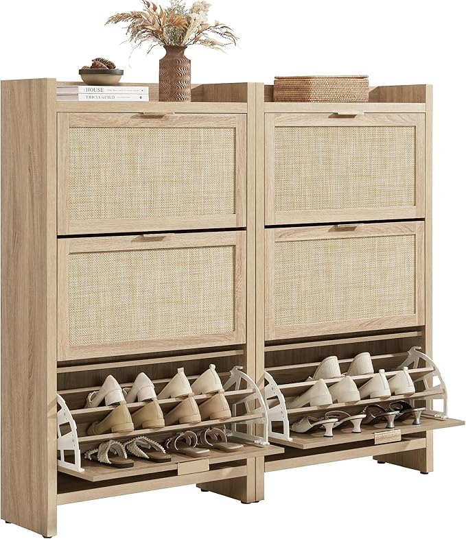 SICOTAS Rattan Shoe Storage Cabinet with 6 Flip Drawers, Freestanding Shoe Cabinet Storage for Entryway, Holds 50 Shoes, 57.4" Tall Farmhouse Shoe Organizer Rack for Foyer, Hallway, Light Oak, 2PCS