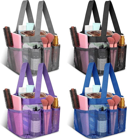 Hillban 4 Pcs Mesh Shower Caddy Portable Shower Caddy for Dorm Beach Mesh Bags with Deeper 8 Pockets and Handles Showers Caddies Basket for Women College Room Vacation(Blue, Purple, Black, Gray)