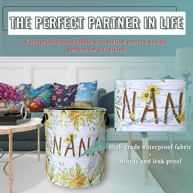 Nana Laundry Basket Foldable With Handles Yellow Sunflowers Tote Bag Oxford Cloth Colorful Floral Laundry Hamper Clothe Storage Bucket Toy Organizer 18.9"x16.5"For Bathroom/Laundry/Bedroom