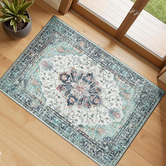 RELEANY Area Rugs Small 2'x3' Washable Non-Slip, Floral Vintage Distress Medallion Carpet for Kitchen Entryway Bathroom, Green Navy Blue White Red Teal