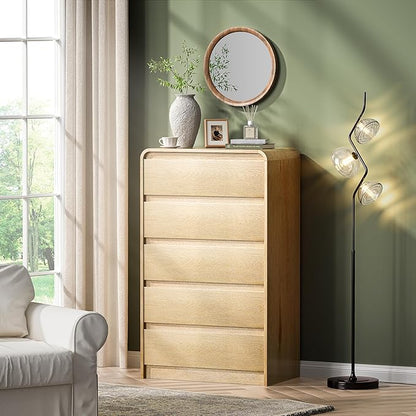 Tall Dresser with 5 Drawers, 45" Modern Wood Chest of Drawers & Closet Organizer, Skinny Cabinet with Curved Design for Bedroom, Living Room, Hallway (Natural, 5 Drawer)