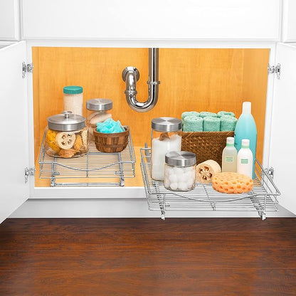 LYNK PROFESSIONAL® Pull Out Cabinet Organizer, 14" x 21" Slide Out Cabinet Organizer Pull Out Drawer – Pull Out Shelves for Kitchen Cabinets – Under Sink Organizers - Lifetime Ltd. Warranty, Chrome