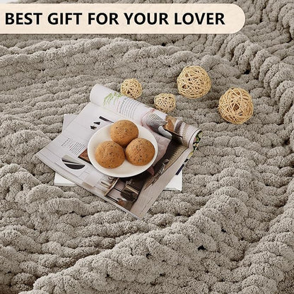 L'AGRATY Chunky Knit Blanket Throw: 60''x80'' Chenille Chunky Knitted Throw Blankets for Bed Couch - Handmade Thick Big Cable Knit Blanket - Large Crochet Rope Blankets for Home Decor(Light Linen)