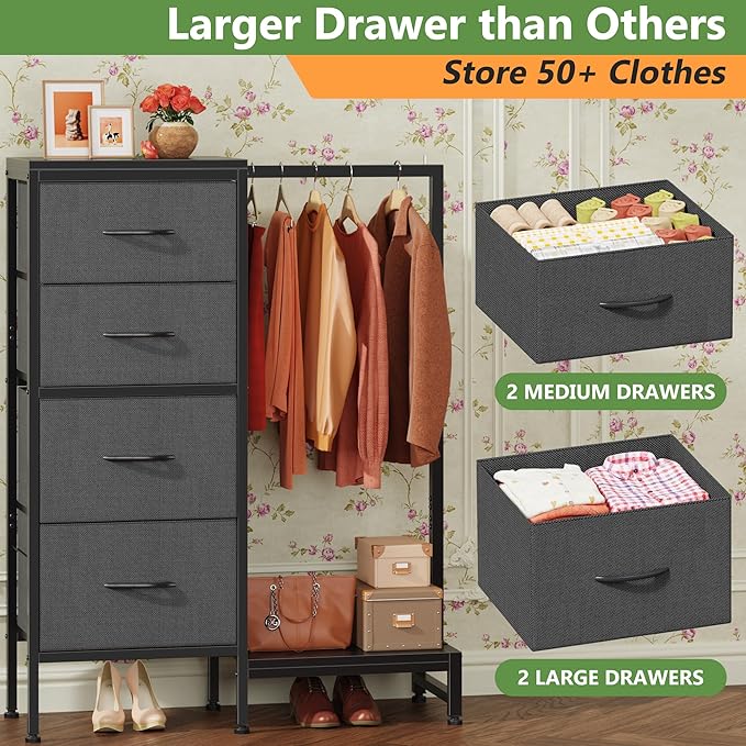 Dresser with Hanging Rack, 4 Drawers Small Closet for Bedroom, Reversible Fabric Kids Chest of Drawers with Clothes Rack, Tall Storage Tower, Sturdy Frame, Grey, 44''H