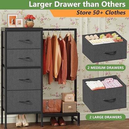 Dresser with Hanging Rack, 4 Drawers Small Closet for Bedroom, Reversible Fabric Kids Chest of Drawers with Clothes Rack, Tall Storage Tower, Sturdy Frame, Grey, 44''H