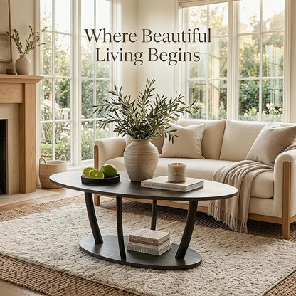 Manora Rustic Small Oval Coffee Table for Living Room, Narrow Wood Center Table with Shelf, Retro Style Coffee Table with Curved Metal Legs, Stable and Easy Assembly, Gray