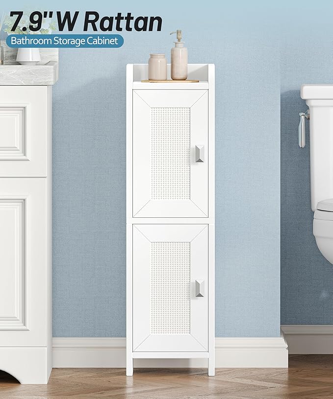 Akxomel Rattan Small Bathroom Cabinet with 2 Doors, 7.9''D x 7.9''W Narrow Toilet Paper Storage Cabinet, Bathroom Organizer for Small Spaces, Slim Corner Unit with Adjustable Shelf, White Rattan
