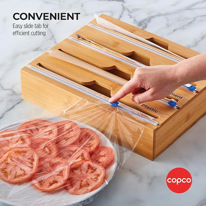 Copco In Drawer or Mounted 4 Compartment Organizer for Plastic, Foil, Wax and Parchment Paper featuring Easy Slide Tabs for Perfect Cut, With 21 Customizable Labels, Bamboo, 13.3 x 11 x 3 Inch