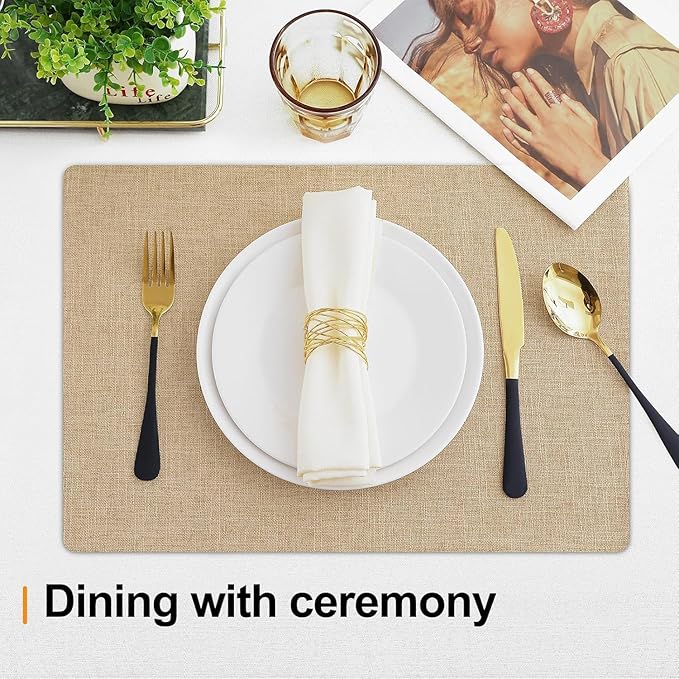 Homaxy Cloths Placemats for Dining Table Set of 12, Heat Resistant Washable Cotton Linen Blend Table Mats, Easy to Clean Place Mats for Indoor Outdoor Party Kitchen Decoration, 13" x 19", Flaxen