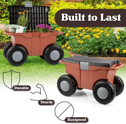 Pure Garden Rolling Garden Cart with Seat - Plastic Storage with Bench and Tool Tray - Gardening Stool for Weeding or Planting (Terracotta)