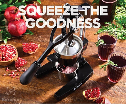 Eurolux Ultra-Premium Cast Iron Juicer | Extra-Large, Heavy Duty, Commercial Grade, Stainless Steel Manual Hand Press Citrus Squeezer For Fresh Orange Juice, Pomegranate, Lemon, and Much More (Black)