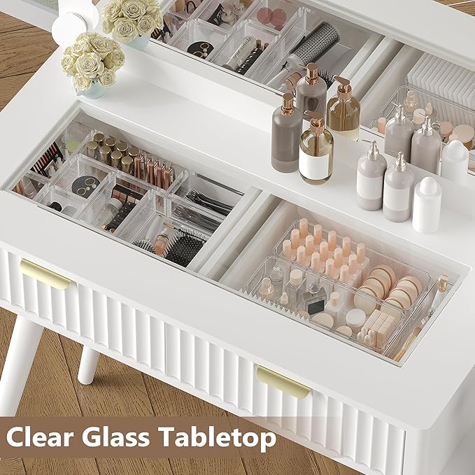 Makeup Vanity Desk with Mirror and Lights, 45" Fluted Wood Vanity Desk with Glass Top, 5 Drawers & RGB Glass Cabinet, Power Outlet, Mid Century Modern Dressing Table Set for Women Girls Bedroom