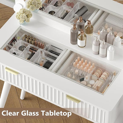 Makeup Vanity Desk with Mirror and Lights, 45" Fluted Wood Vanity Desk with Glass Top, 5 Drawers & RGB Glass Cabinet, Power Outlet, Mid Century Modern Dressing Table Set for Women Girls Bedroom