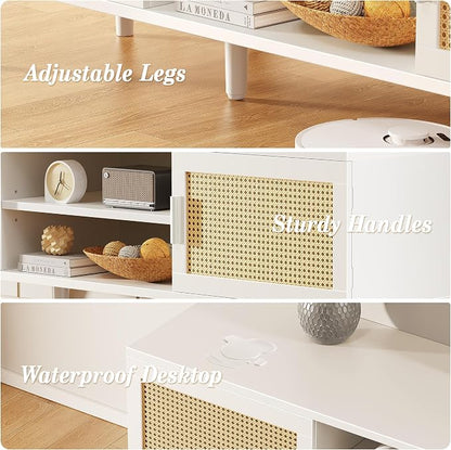 SUPERJARE TV Stand for 65 Inch TV, Entertainment Center with Adjustable Shelf, Rattan TV Console with 2 Cabinets, Media Console, Solid Wood Feet, 4 Cord Holes, for Living Room, White