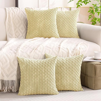 Set of 4 Pale Yellow Decorative Throw Pillow Covers 22x22 Inch Corduroy Pillow Covers for Bed Couch Sofa Living Room Soft Square Cushion Cases