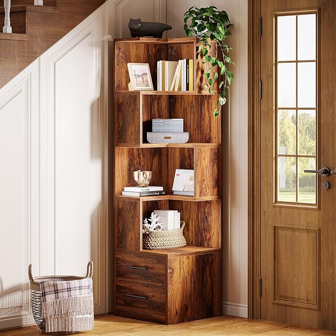 Tribesigns 5-Tier Corner Bookshelf with 2 Drawers, 66.9-Inch Tall Corner Bookcase Shelf, Mid-Century Modern Corner Storage Cabinet Display Rack Shelf for Living Room, Home Office (Rustic Brown)