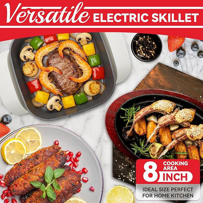 8-inch Ceramic Coated Electric Skillet with Lid, Non Stick Skillet Griddle Pan Electric, Rapid Heat Up, 650W, Breakfast Skillet, Kitchen Appliances for Cooking, White