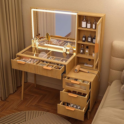 Fluted Vanity Desk with Mirror and Lights, Glass Top Makeup Vanity with 5 Drawers and Glass Door Cabinet,9-Grid Organizer, Charging Station, Lighting Adjustable Dressing Table, Natural Oak
