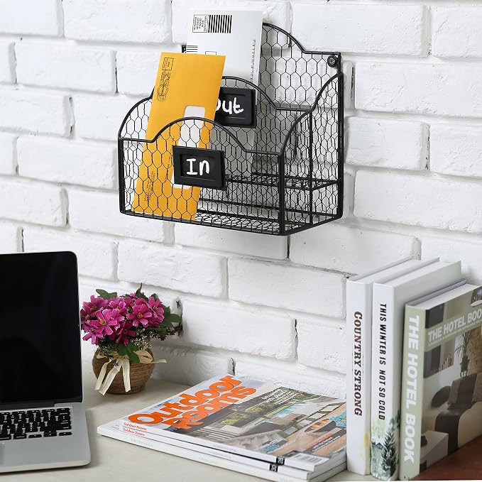 MyGift Metal Wire Basket Desk Organizer, 2 Compartment Inbox/Outbox Black Entryway Wall Mail Sorter, Office Desktop Stationery File Organizer Holder with Chalkboard Labels