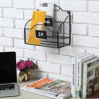 MyGift Metal Wire Basket Desk Organizer, 2 Compartment Inbox/Outbox Black Entryway Wall Mail Sorter, Office Desktop Stationery File Organizer Holder with Chalkboard Labels