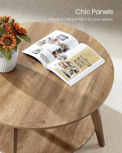 VASAGLE MAEZO Collection - Round Coffee Table, 2-Tier Center Table with Storage, Tapered Legs, Curved Transitions, 31.5 Dia. x 17.7 H Inches, Easy Assembly, for Living Room, Honey Brown ULCT243K41