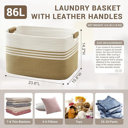SunNewt 86L Extra Large Laundry Basket with Leather Handles for Living Room Storage, Woven Rope Baskets for Blanket, Kids Toy, Gifts, Wicker Hamper for Bedroom Dirty Clothes, 24"x16"x14" Khaki