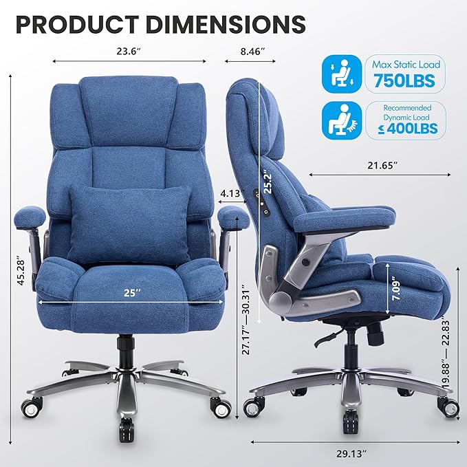 750lbs Heavy Duty Desk Chair with 3D Kneading Massage, Big and Tall Office Chairs with Ergonomic Support, 4D Armrests, 5 Quiet Dual Rubber Wheel, Thick Pocket Spring Cushion(Blue, Fabric)