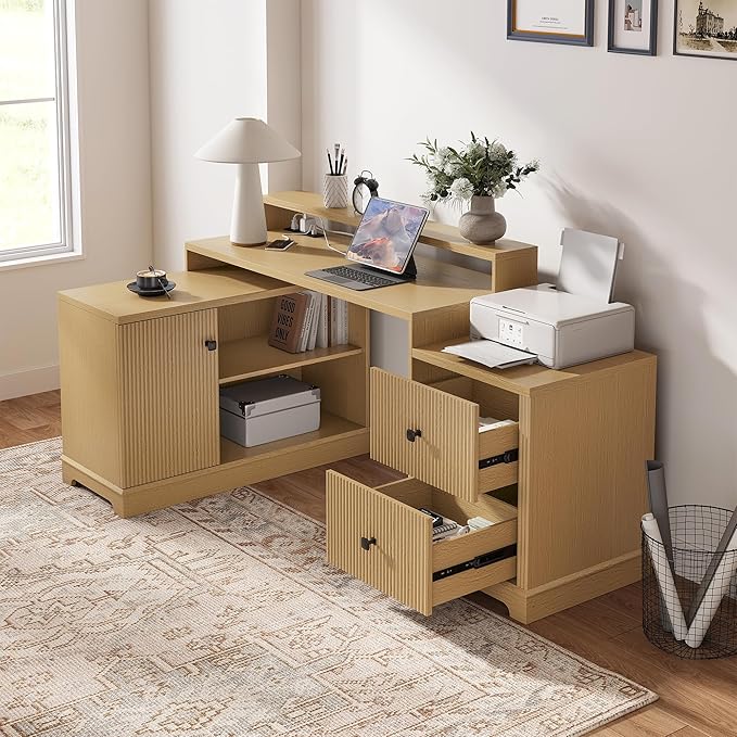 67" L Shaped Executive Desk with Drawers & Storage Shelf, Corner Computer Desk with Power Outlets, Home Office Desk with Monitor Stand, Printer Shelf, Computer Writing Desk for Work, Oak