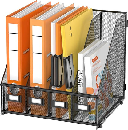 DALTACK 4 Vertical Compartments Magazine File Holder, Binder Organizer, Metal Desk Organizers for Office Home School Classroom Organization, Black