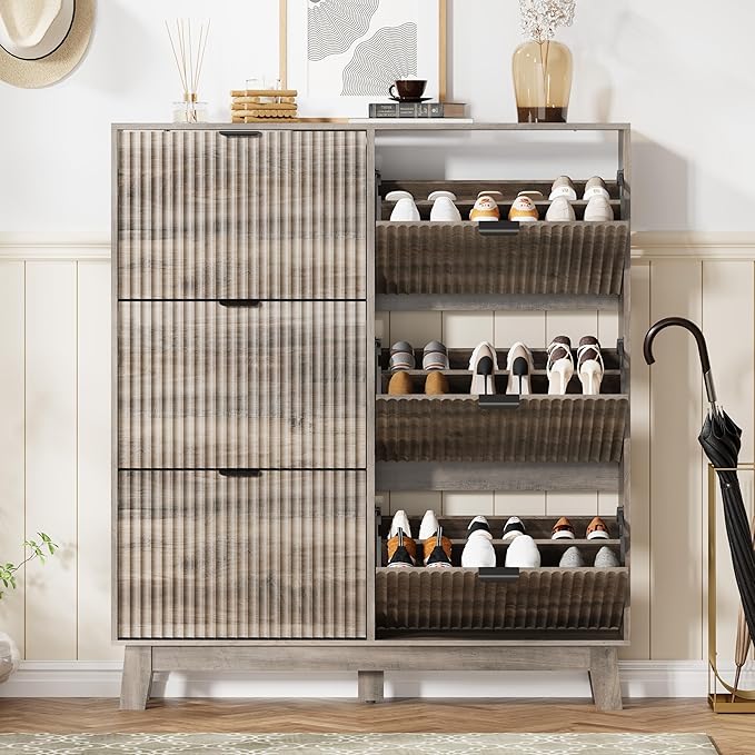 Shoe Cabinet Storage for Entryway with 6 Flip Drawers, Fluted Narrow Shoe Organizer with Wooden Legs, Freestanding Slim Shoe Storage Hidden Shoe Rack Organizer for Front Door Entrance, Grey